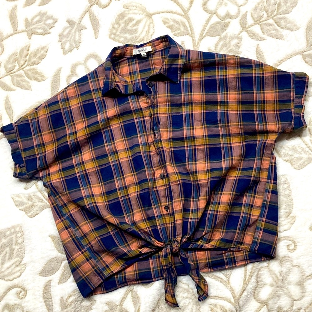 Madewell Junipero Plaid Boxy Tie Knot Front Button Down Shirt Size XS